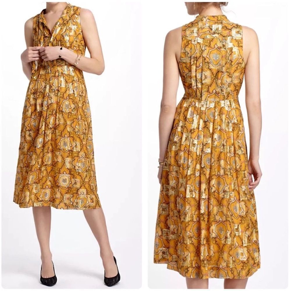 Anthropologie HD in Paris Goldspun Paisley Silk Dress Pleated size 2 Sleeveless